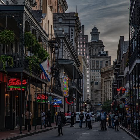 Walk to vibrant Bourbon Street in 15 minutes