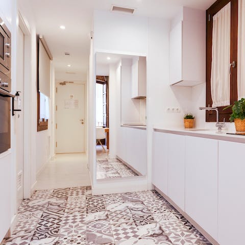 Bake a sweet cake in the sleek kitchen