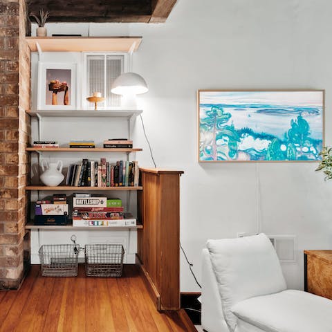 Select a book or board game to get stuck into from the home's collection