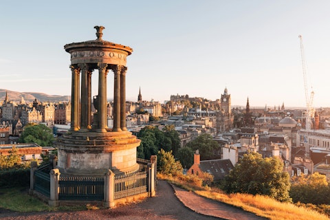 Climb Calton Hill for panoramic views across Edinburgh's skyline, a fifteen minutes away