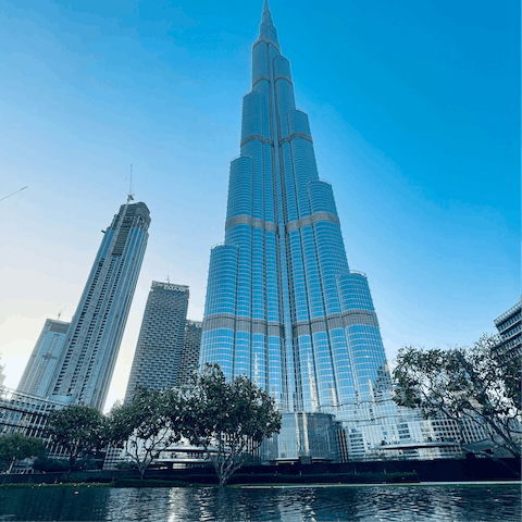 Drive over to the towering Burj Khalifa in just over twenty minutes
