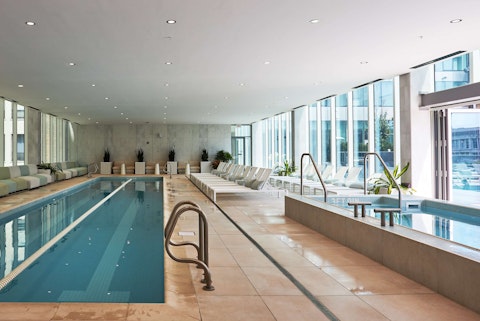 Swim laps year-round in the light-flooded indoor pool