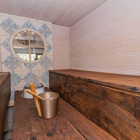 Inhale the relaxing steam in the antique sauna