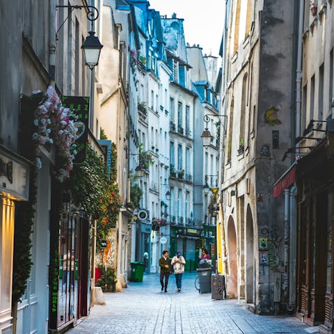 Explore the vibrant Le Marais quarter, twenty-minute walk away