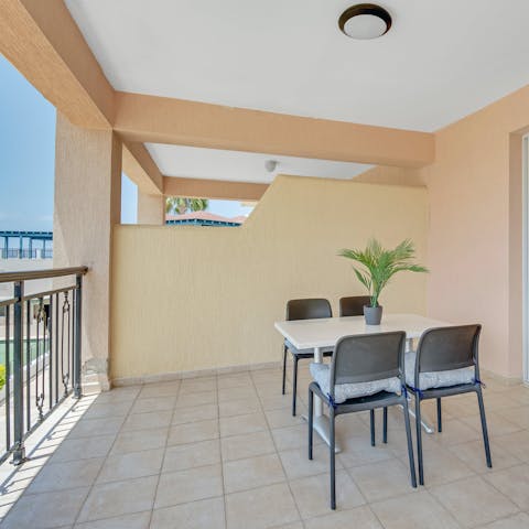 Sip your morning coffee or evening cocktail on the private balcony
