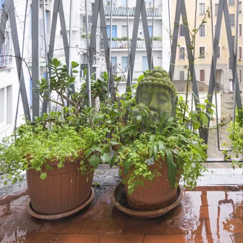 Look out onto the peaceful courtyard from the balcony