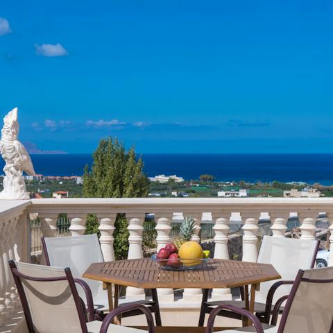 Head up to the first-floor balcony and gaze out over gorgeous views of the Aegean Sea