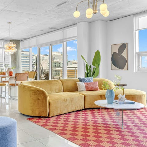 Unwind in the bright, sixties-inspired living space