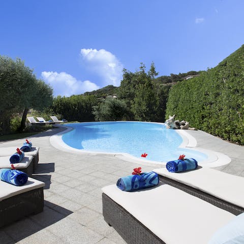 Float in the seasonal pool, offering an underwater music system