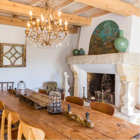 Eat dinner in front of the warming fireplace