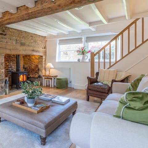 Warm up by the wood-burning stove after wind-whipped walks through the countryside
