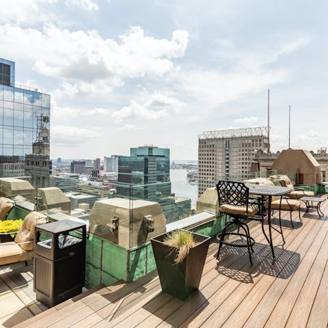 Head to the communal roof terrace and enjoy the views