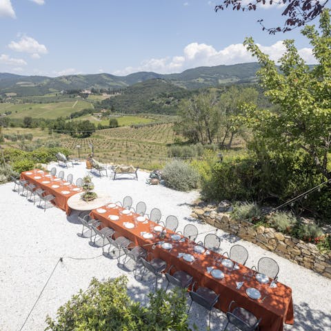 Gather on the terrace for memorable meals overlooking the Vignamaggio Valley