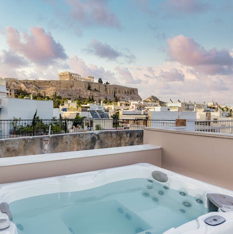 Take in the views of the Acropolis from the private hot tub