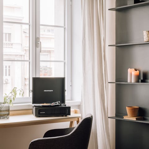 Put on a record and relax in the serene living room