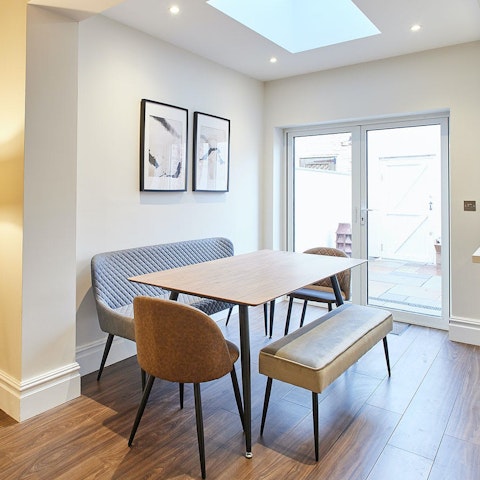 Dine under the skylights or pad out to the small patio