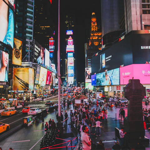Take in the buzz of Times Square, a short walk away