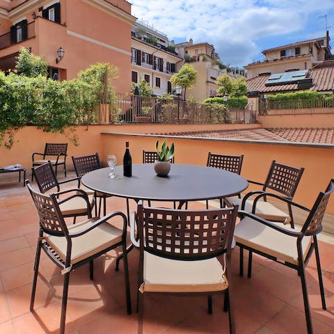 Share a bottle of Frascati golden wine at the golden hour on your private terrace