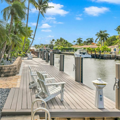 Enjoy views across the canal from the private deck
