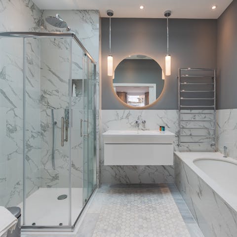 Get ready in the stylish bathroom before an evening out in West London