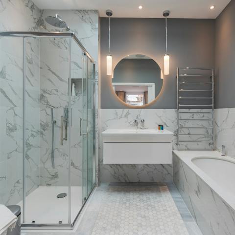 Get ready in the stylish bathroom before an evening out in West London