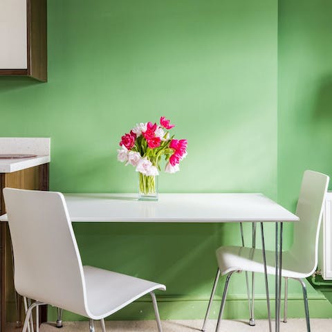 Start the day with a Full English breakfast at the tiny dining table