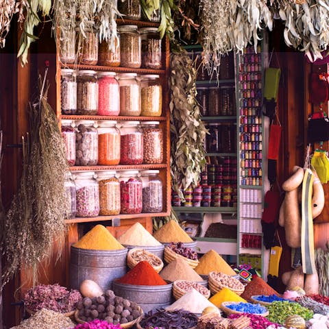 Visit Marrakech's bustling markets, a twenty-minute drive away