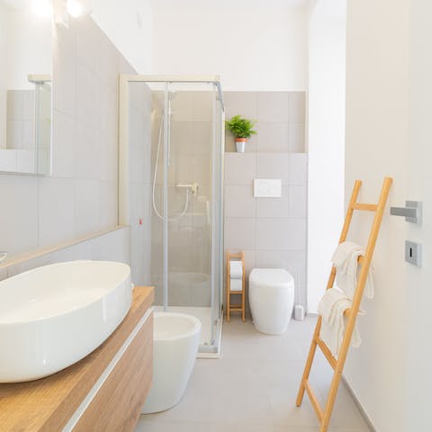 Preen and pamper yourself in the stylish bathroom