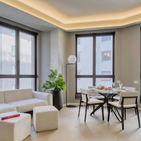 Dine or unwind in the light-filled living room