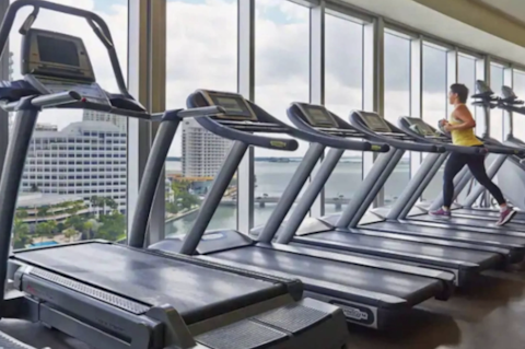 Keep up with your fitness routine at the building's well-equipped gym