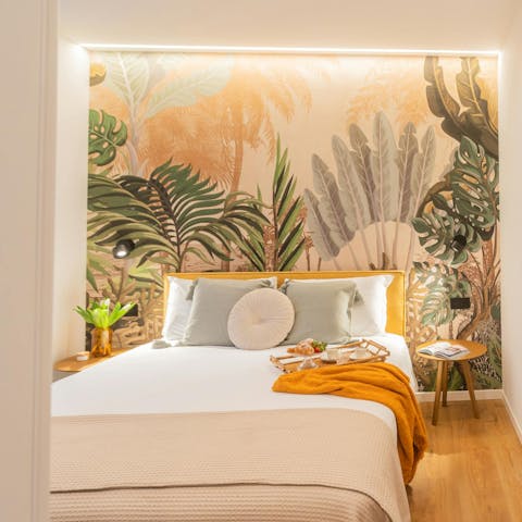Snuggle up in the vibrant bedroom after your adventures