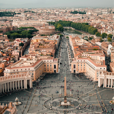 Walk to Vatican City in thirty minutes and explore Rome’s heart