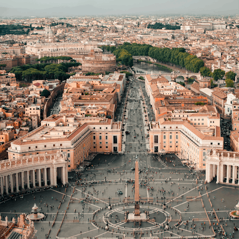 Walk to Vatican City in thirty minutes and explore Rome’s heart