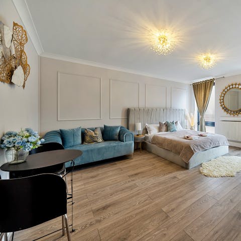 Lounge on the sofa or relax at the small table after a busy day