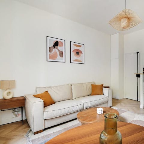 Unwind in the serene living space after a day of sightseeing