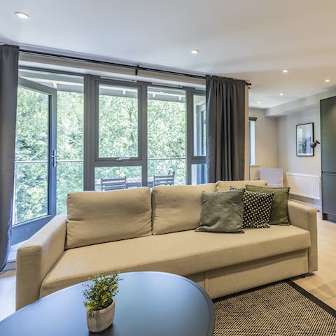 Relax on the sofa after long days of hiking, cycling, and climbing