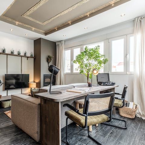 Light your workload at the lamplit desk or simply write your postcards here