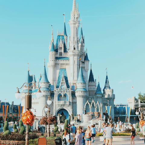 Visit Walt Disney World Resort, a sixteen-minute drive away