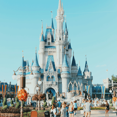 Visit Walt Disney World Resort, a sixteen-minute drive away