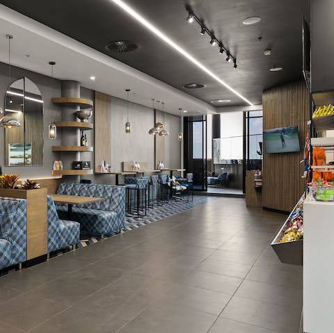 Head downstairs for a cup of coffee or a delicious meal in the on-site restaurant