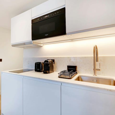 Cook in the compact kitchen for an easy evening in