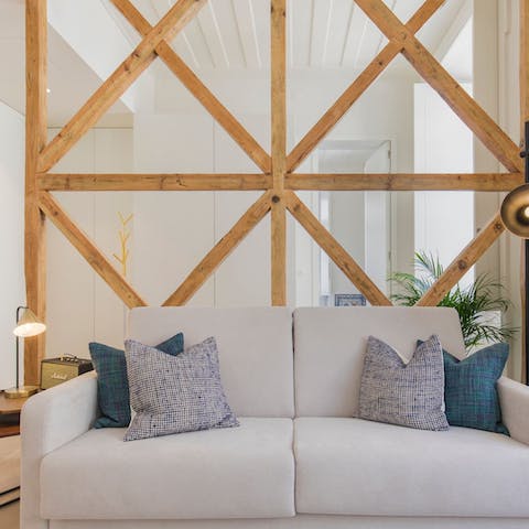 Admire the historic earthquake supports in the living room