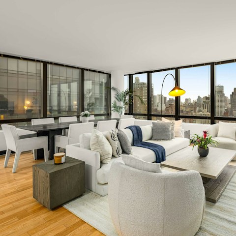 Admire city views from the living and dining space