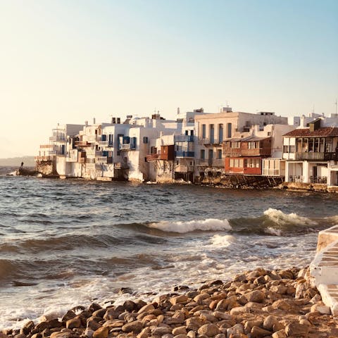 Embark on a day of sun, surf, and sand at Choras Mikonou Beach, a short walk from home