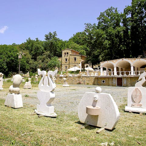 The home features a unique style, with antique furniture and interesting stonework.