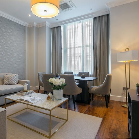 Grab takeout and enjoy it around the six-seater dining table by the window