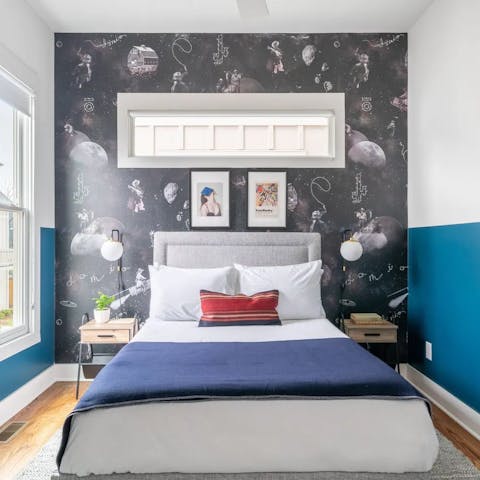 Admire the Country-themes feature walls of the stylish bedrooms