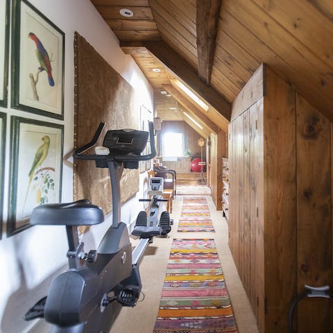 Start mornings off with a workout using the home's gym equipment