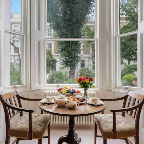 Start the day with coffee in the bay-window dining nook