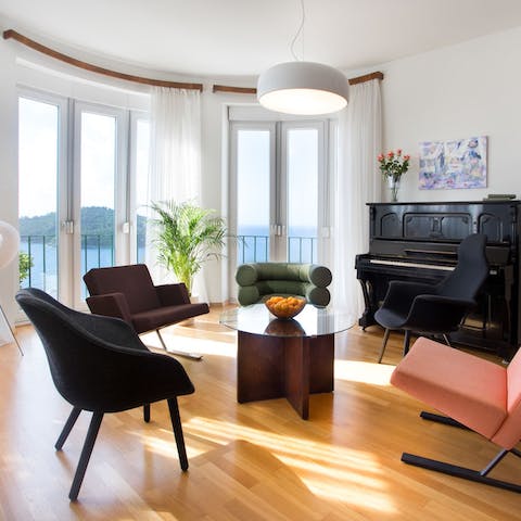 Take in the sea view from the turret lounge, perhaps accompanied by a piano solo